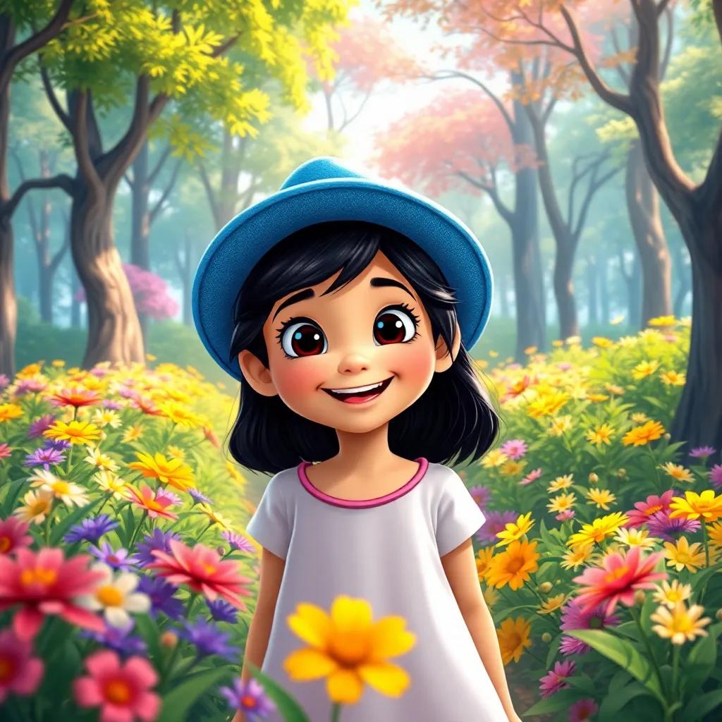 A bright and colorful forest with trees and flowers, Sh, a young Arab girl, with black hair wearing a blue hat, smiling and excited, morning light, cheerful atmosphere, child-friendly, high quality