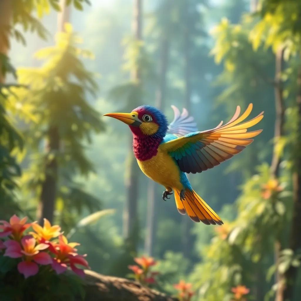 A colorful bird flying in the forest with Sh following, digital art, vibrant colors, lively scene, adventurous feel