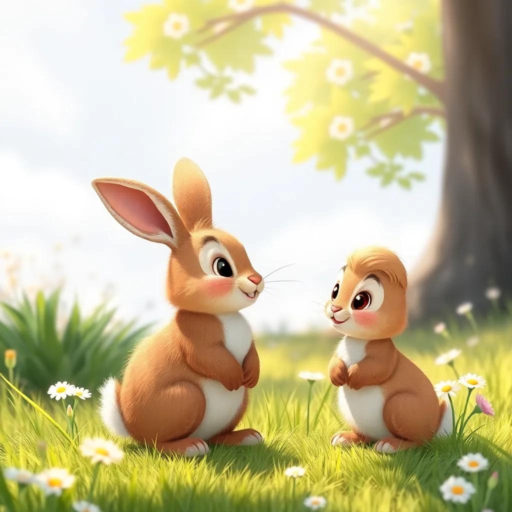 A cute brown rabbit talking to Sh, in a sunny clearing with grass and flowers, friendly interactions, warm light, inviting and whimsical atmosphere