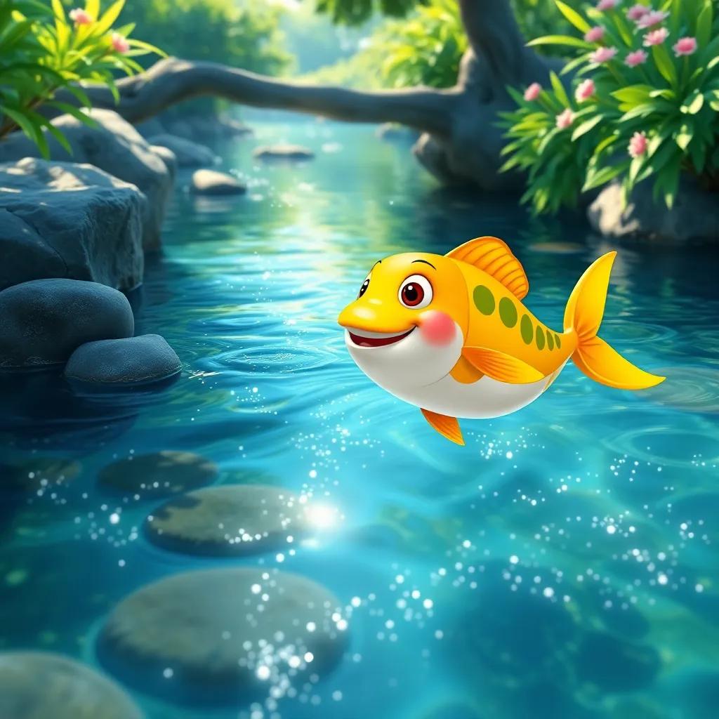 A beautiful river with sparkling water and a shiny fish named Lam'a, lively and playful environment, child-friendly, bright colors, happy scene