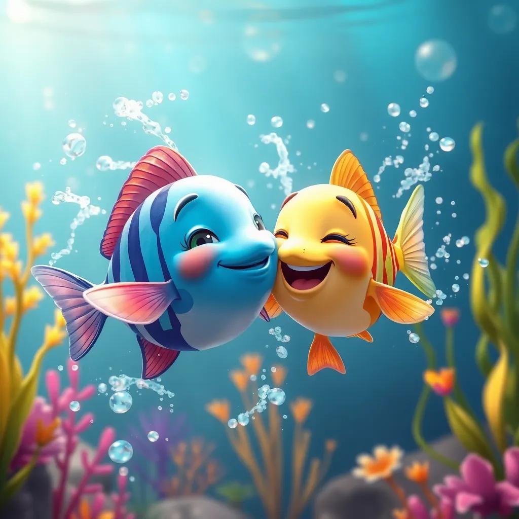 Sh and Lam'a the fish playing together in the water, splashes and joy, colorful underwater plants, cheerful atmosphere