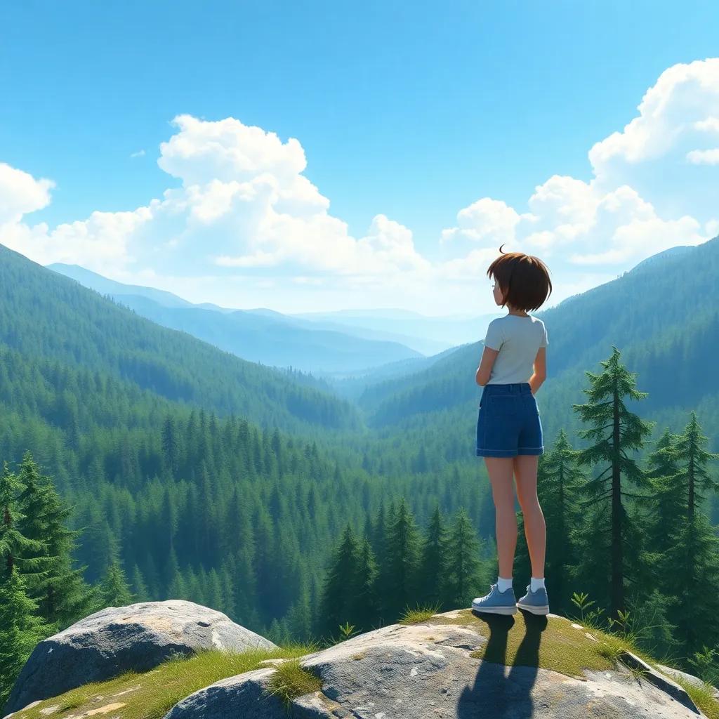 Sh standing on a small mountain top, looking at the beautiful view of the forest below, amazed and happy, bright sky, inspiring scene
