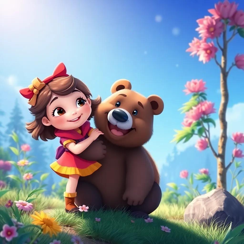 Sh and the bear playing together, exploring nature, joyful and cheerful colors, wonderful adventure scene, bright and vivid