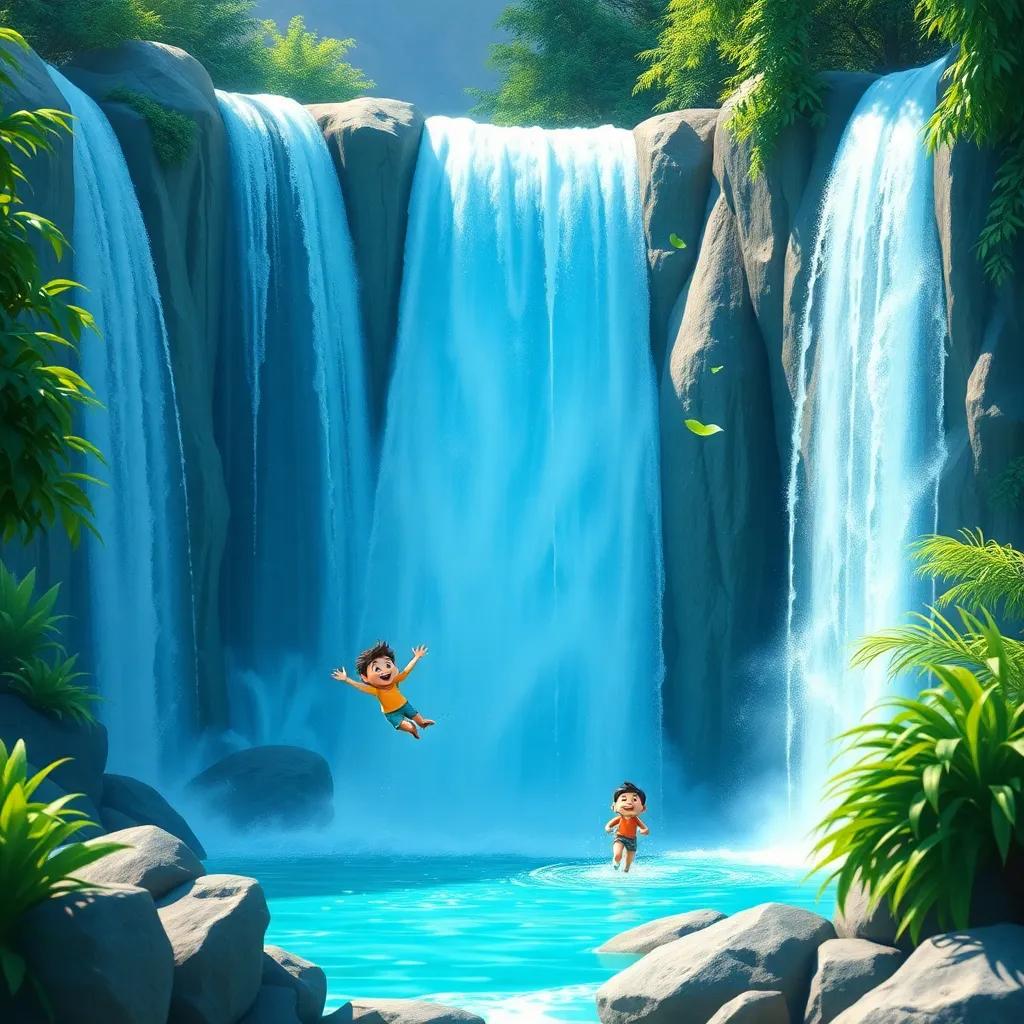 A stunning waterfall with bright turquoise water, Sh happily jumping in, surrounding lush greenery, cheerful and friendly atmosphere