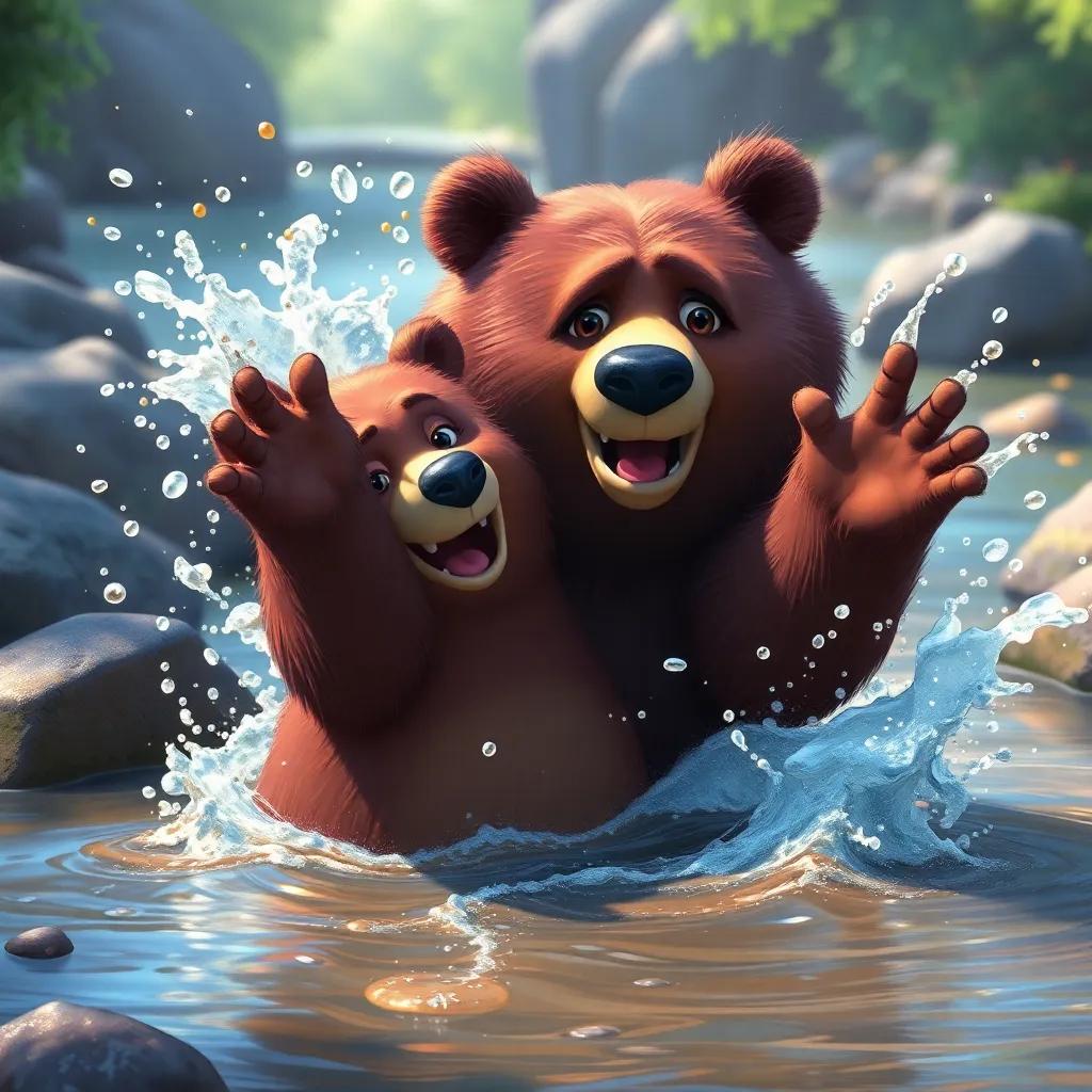 Sh and the bear creating a splash area in the river, having fun, colorful water splashes, playful and lively environment