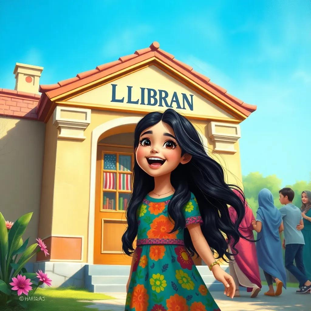 A happy Arab girl, Safaa, with long, dark hair, wearing a colorful dress, excitedly standing outside a small library with her friends, bright blue sky, welcoming atmosphere, cheerful colors, engaging scene, high quality
