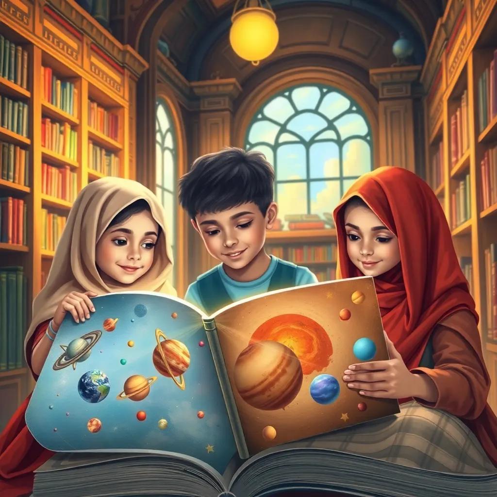 A group of three Arab children, Safaa, Sami, and Mariam, reading a large and colorful book about planets inside a cozy library, detailed illustration, warm light, vibrant colors, educational atmosphere, immersive perspective, high quality
