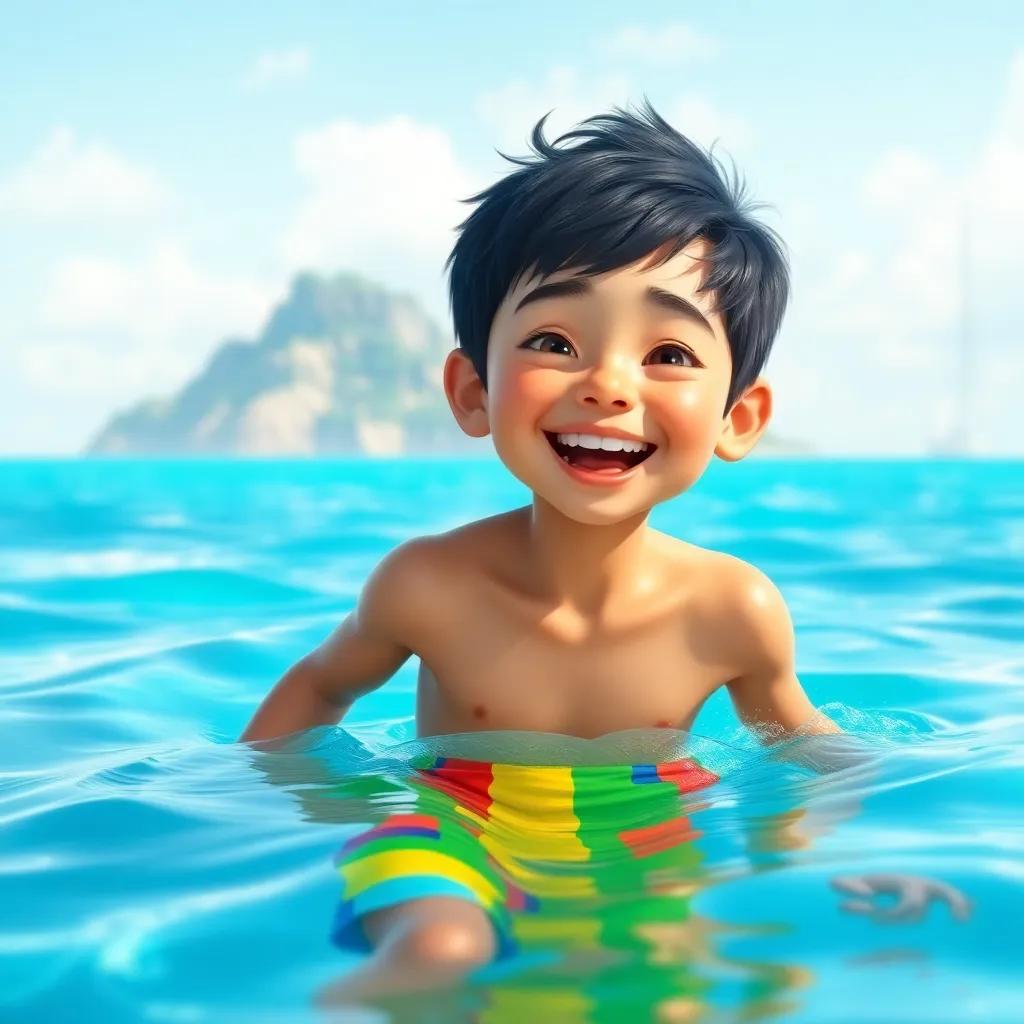 A joyful young boy, صفت, with short dark hair, wearing colorful swim shorts, swimming in a bright blue sea, with a big, vibrant island in the background, cheerful atmosphere, digital art, vivid colors, high quality