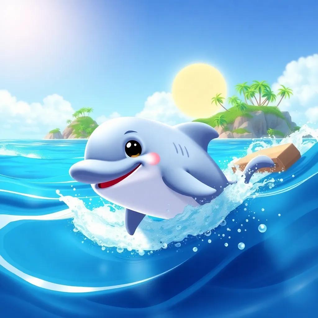 A playful dolphin smiling, with صفت riding on its back, splashing through the ocean waves towards a beautiful island, sunny day, colorful scene, child-friendly, digital illustration, bright and lively