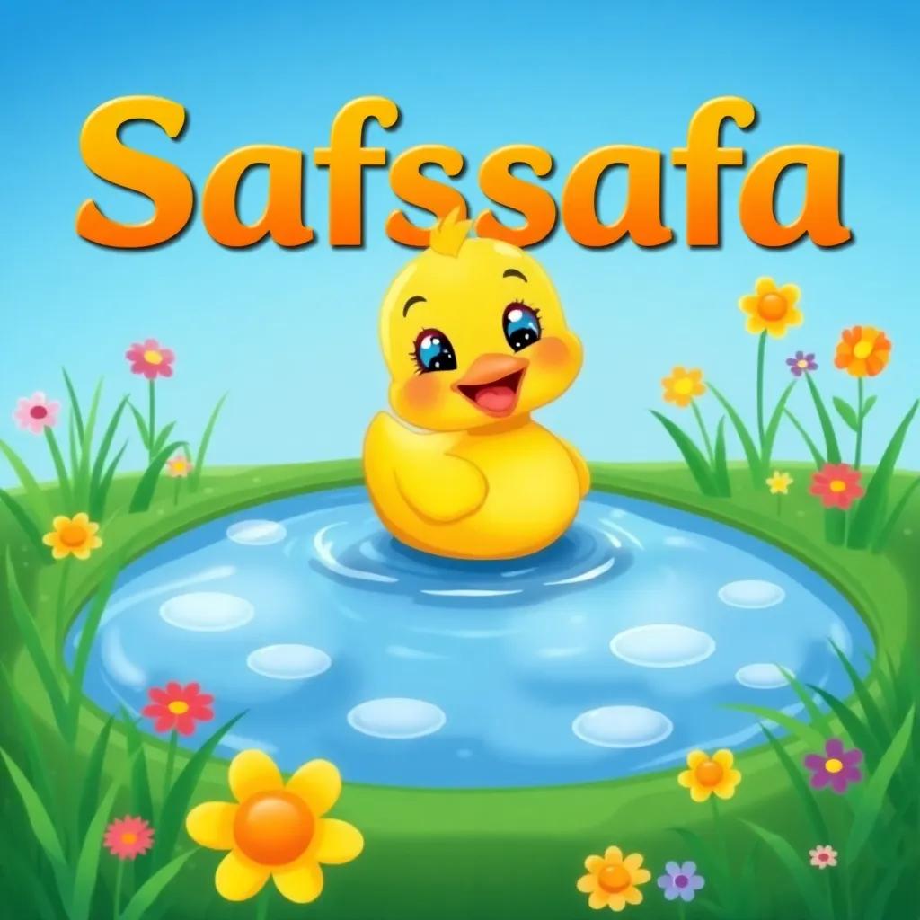 A small yellow duck named Safsafa, happily swimming in a small pond surrounded by green grass and colorful flowers, with clear blue sky overhead, cheerful atmosphere, digital art, vibrant colors, inviting atmosphere, high quality