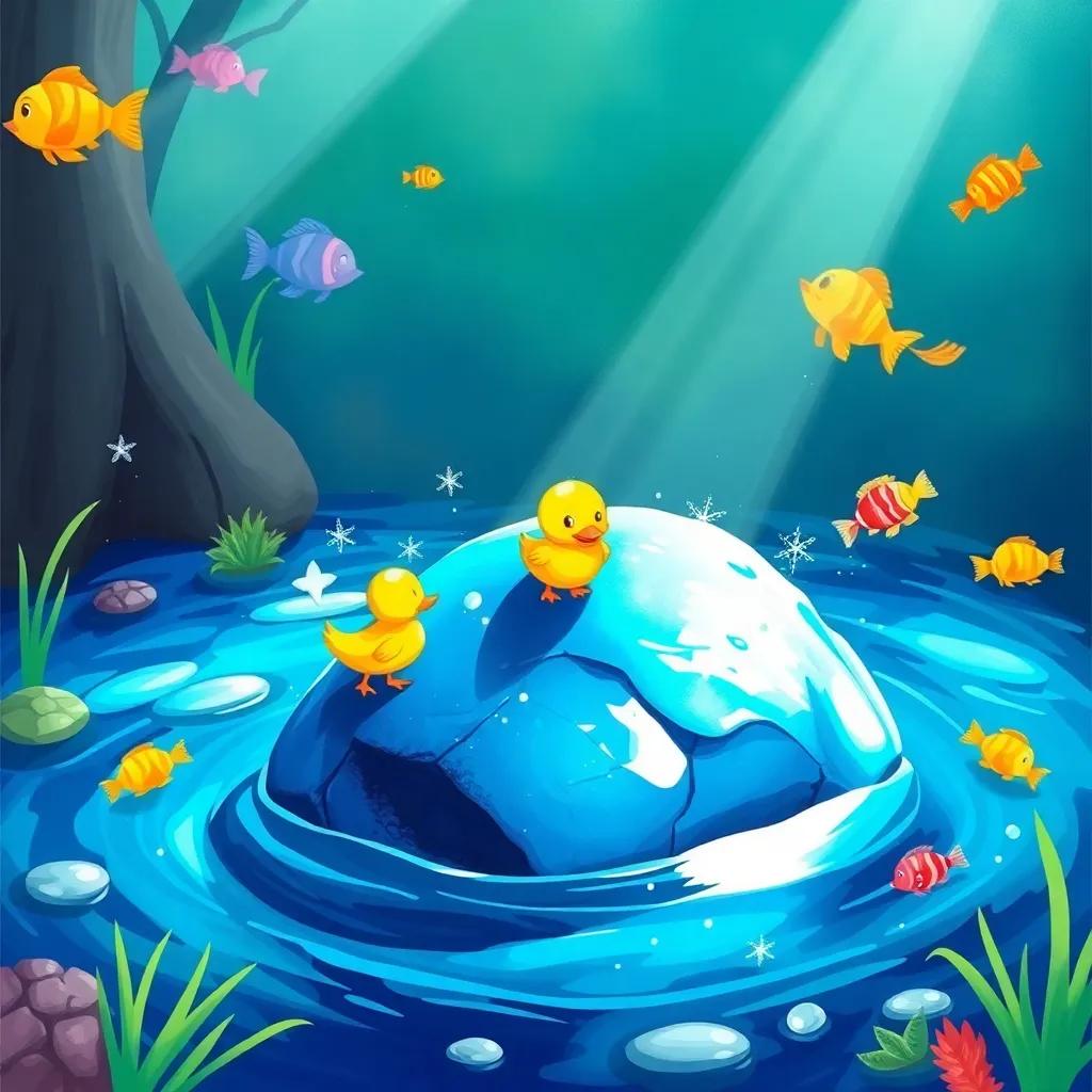 A shiny blue rock at the bottom of the pond, with Safsafa the small yellow duck looking curiously at it, colorful fish swimming around, sparkling water, enchanting scene, illustration, bright and vibrant, playful and engaging