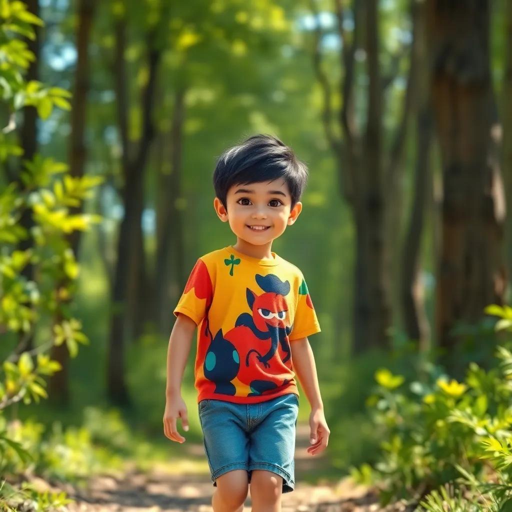 A brave young boy, Tarek, with short black hair, wearing a colorful t-shirt and shorts, walking through a bright, sunny forest, digital art, cheerful colors, inviting atmosphere, high quality