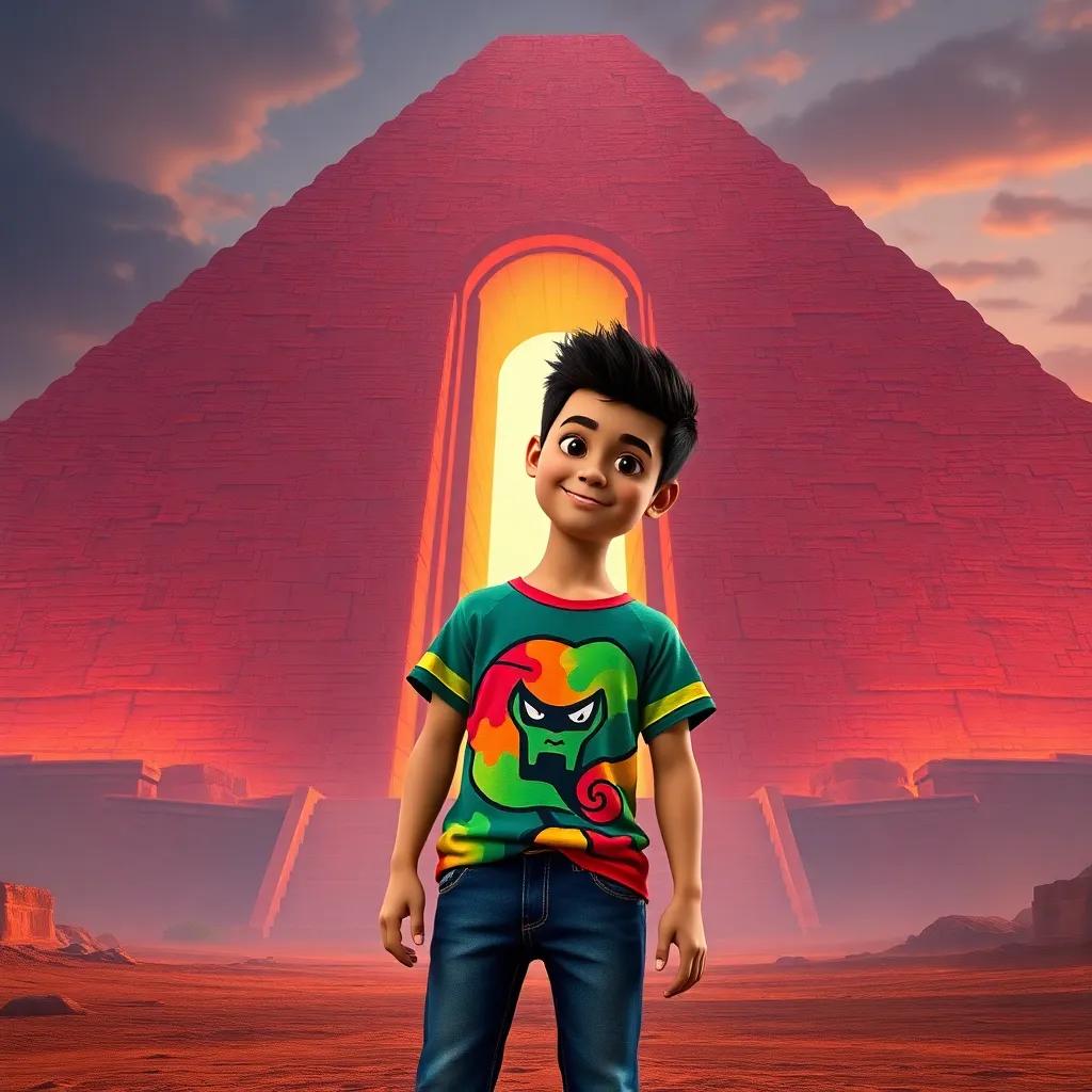 A young Arab boy, Taher, with short black hair wearing a colorful t-shirt and jeans, standing in front of a massive pyramid with a glowing portal, vibrant colors, adventurous atmosphere, high quality