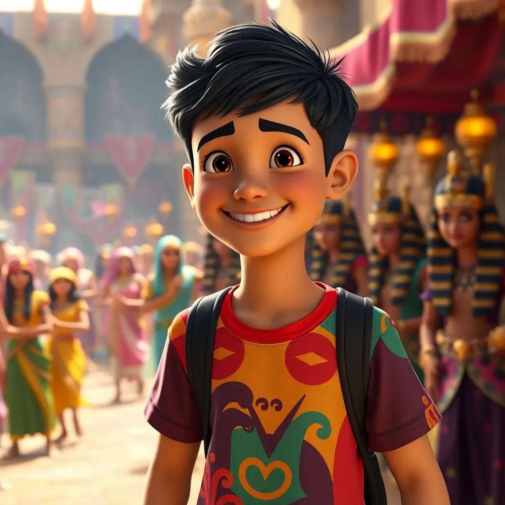 A cheerful young Arab boy, Taher, with short black hair in a colorful t-shirt, participating in a lively ancient Egyptian celebration, surrounded by dancers and colorful costumes, warm colors, festive environment, high quality