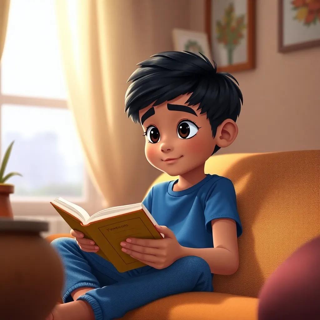 A young Arab boy, Yaseen, with short black hair, wearing a blue t-shirt and jeans, sitting in a cozy corner of his home, looking curiously at his mother while holding a book, digital art, warm colors, friendly atmosphere, high quality