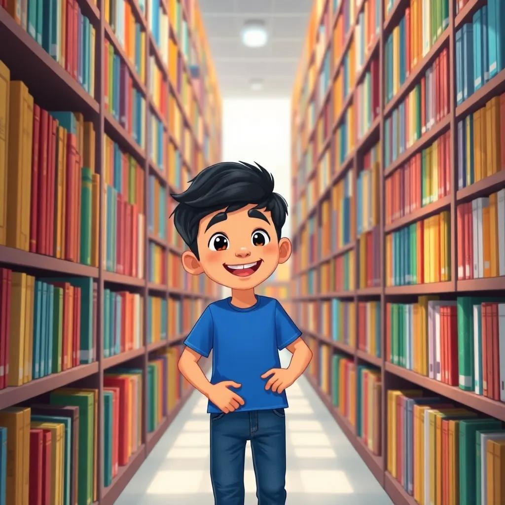 A young Arab boy, Yaseen, with short black hair, wearing a blue t-shirt and jeans, happily exploring a library filled with tall bookshelves, surrounded by colorful books, illustration, bright and cheerful, engaging scene, high quality