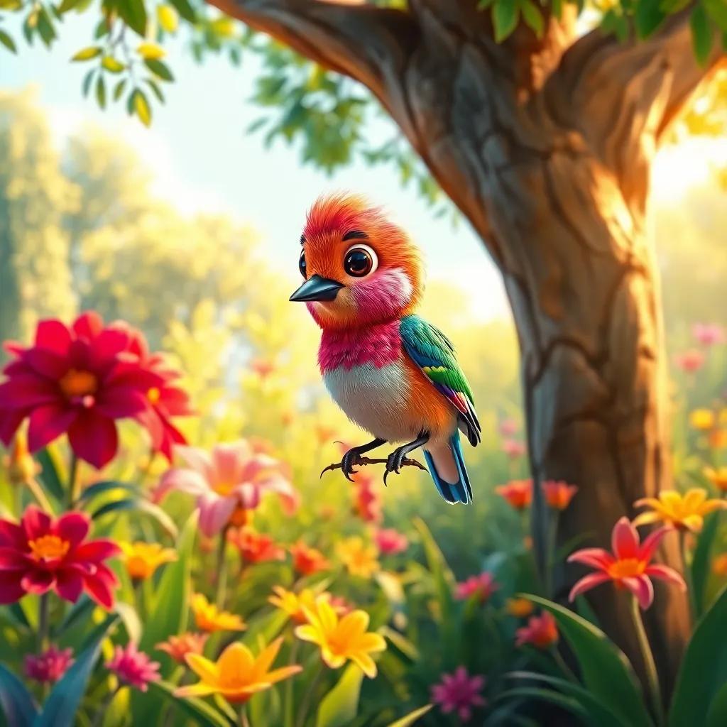 A small colorful bird, ط, with shiny feathers, sitting on a large tree in a colorful garden, bright sunlight, cheerful atmosphere, digital art, high quality