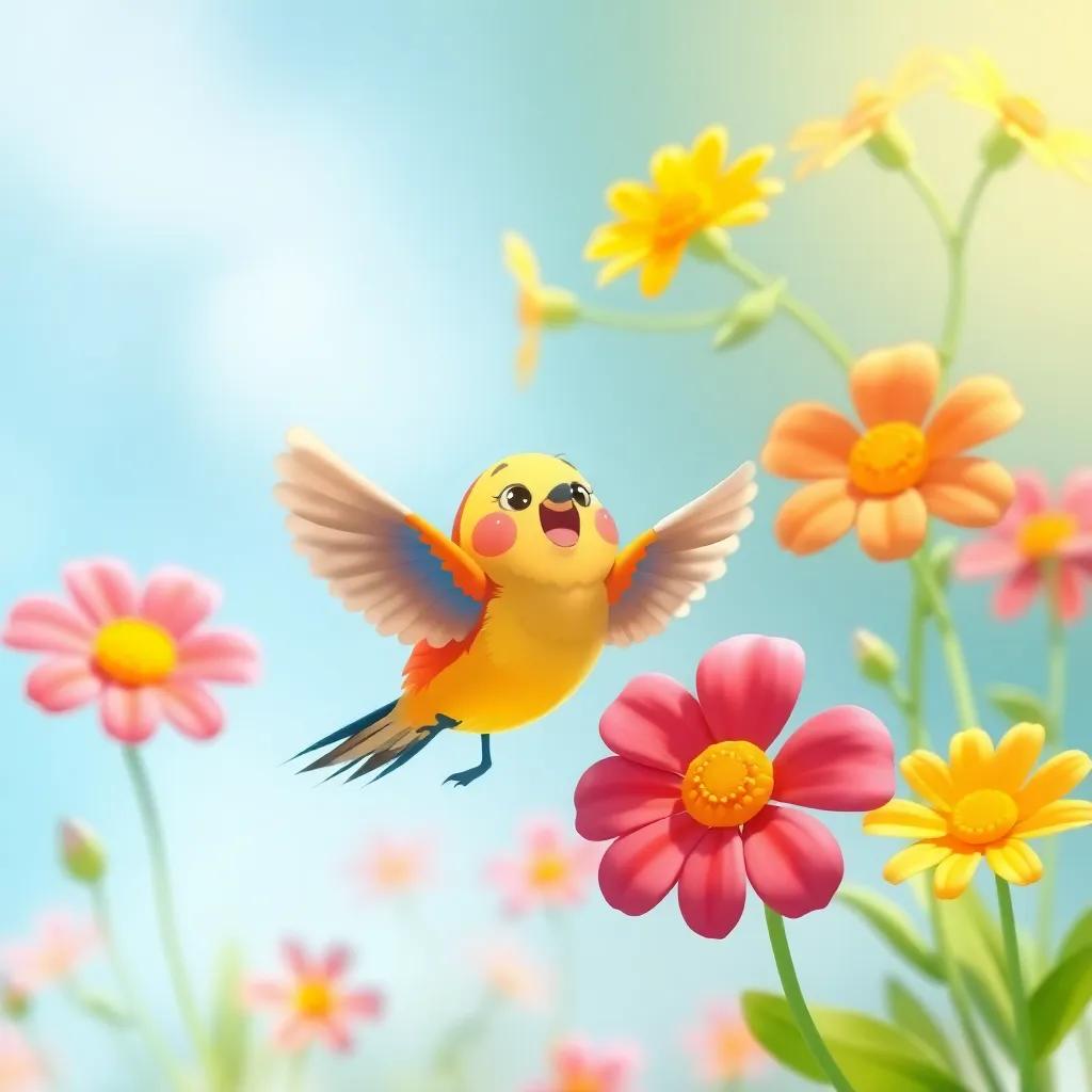 A small colorful bird, ط, flying towards beautiful singing flowers, vibrant colors, joyful scene, cartoonish style, bright day
