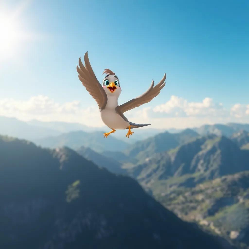 A bird, ط, flying over a mountain with excitement, looking adventurous and curious, cartoon art, warm sunlight, inviting landscape