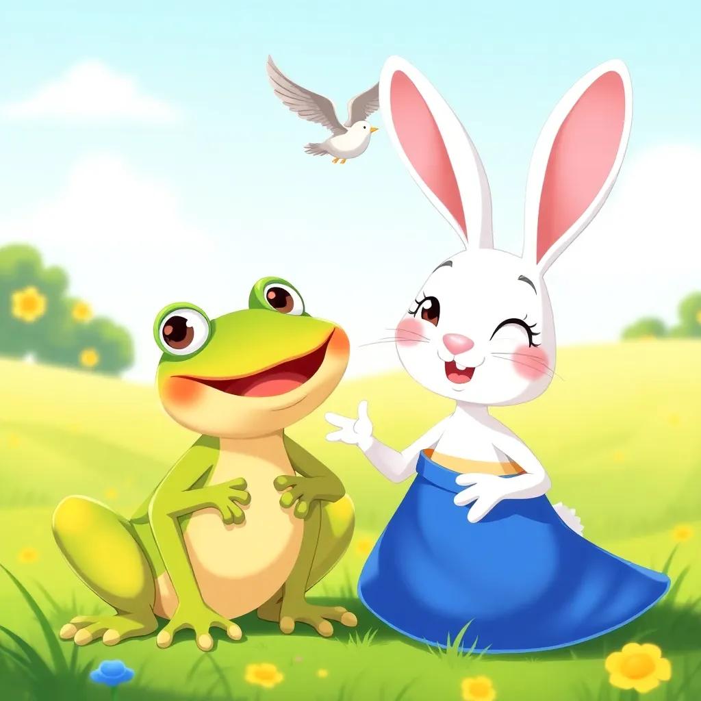 A brave frog and a fast rabbit smiling at the bird, ط, in a sunny field, playful atmosphere, cartoon-style illustration, happy colors