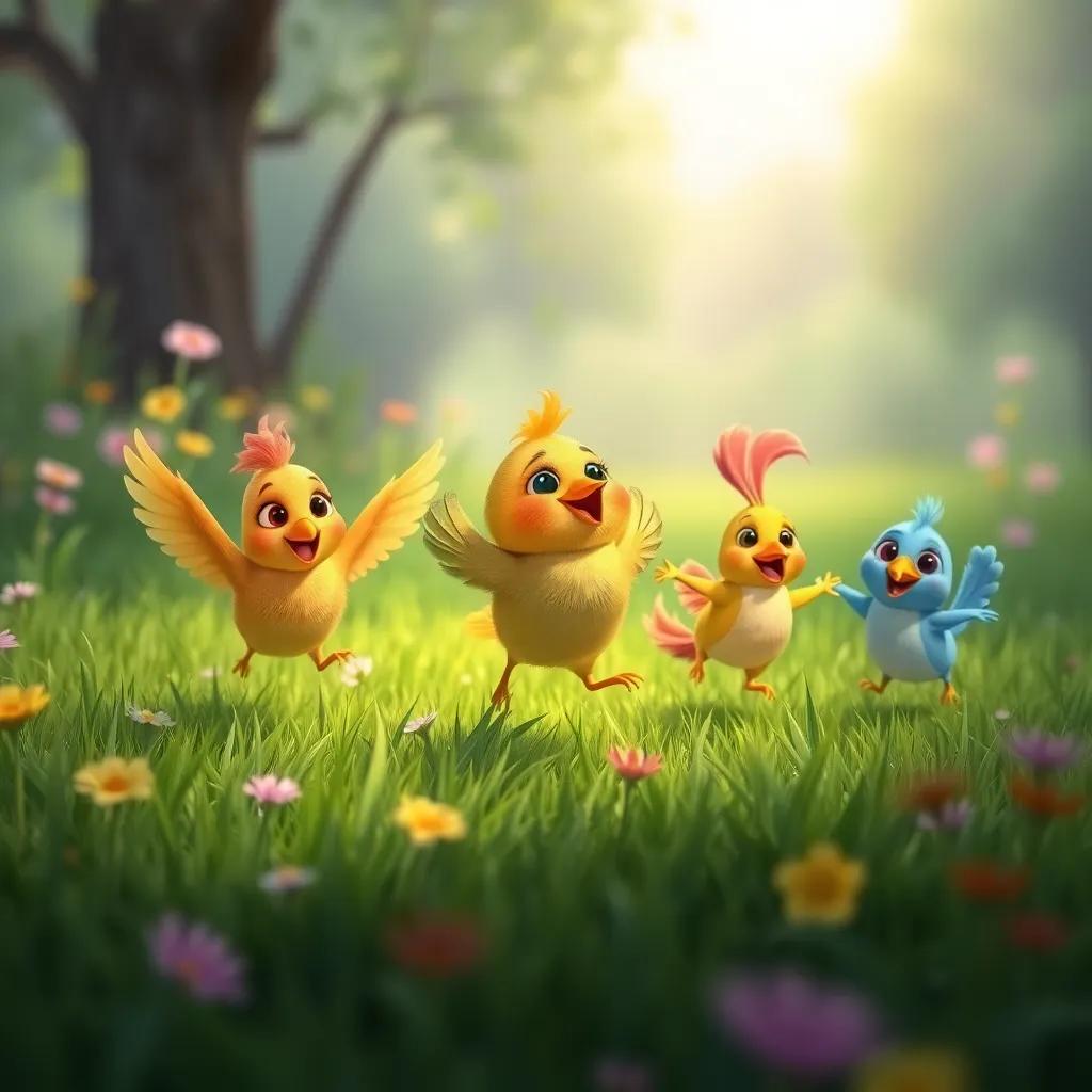 The small bird, ط, and its new friends playing, running and jumping in a green meadow, cheerful and vibrant colors, joyful scene