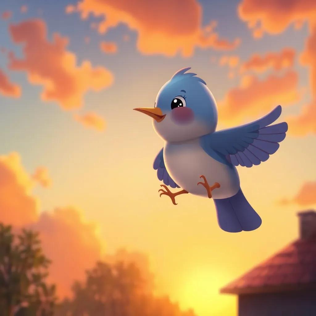 The small bird, ط, flying back home under a sunset sky, looking happy and content, heartwarming scene, colorful