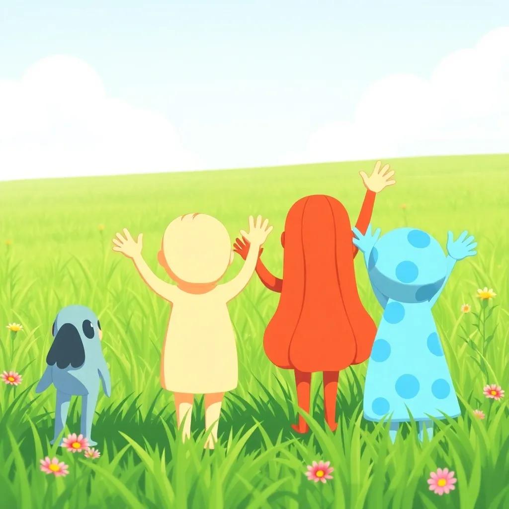The new friends waving goodbye to ط, seen from behind as they are still in the green field, bright and playful, child-friendly