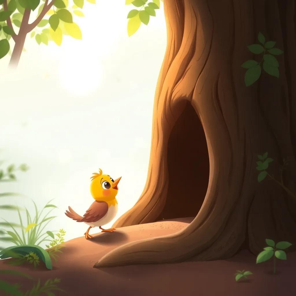 The small bird, ط, returning home to a big tree with a happy face, happy atmosphere, digital illustration