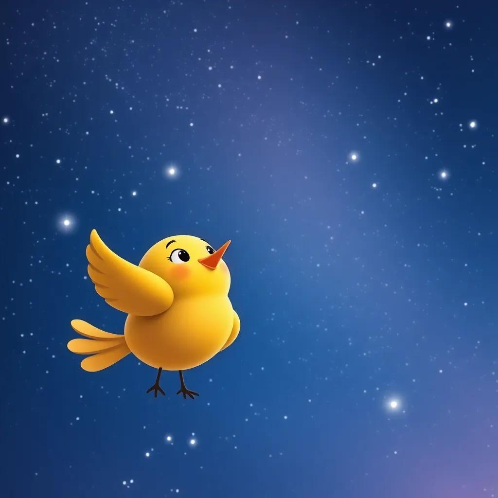 A smiling starry sky at night with the bird, ط, looking up, bright stars shining, calm and beautiful colors, tranquil scene