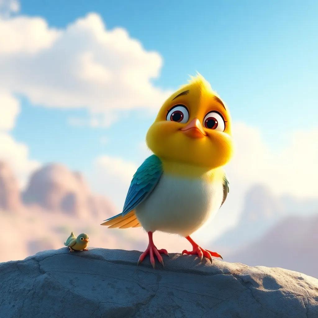 The small bird, ط, with a big smile thinking about future adventures under a bright sky, inspiring atmosphere, cheerful