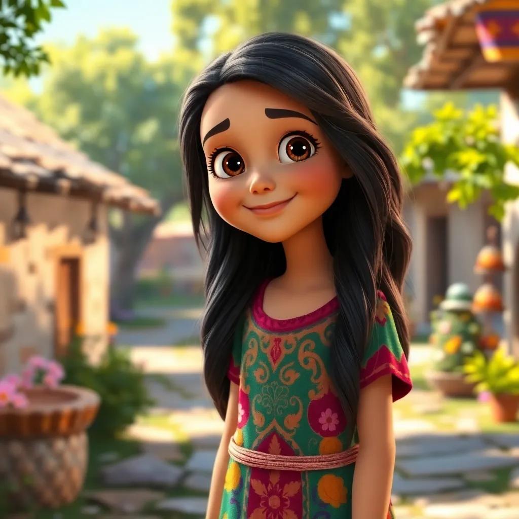 A young Arab girl, Tuba, with long dark hair wearing a colorful dress, standing in a small village with trees and flowers, cheerful expression, bright sunlight, digital art, vibrant colors, inviting atmosphere, high quality