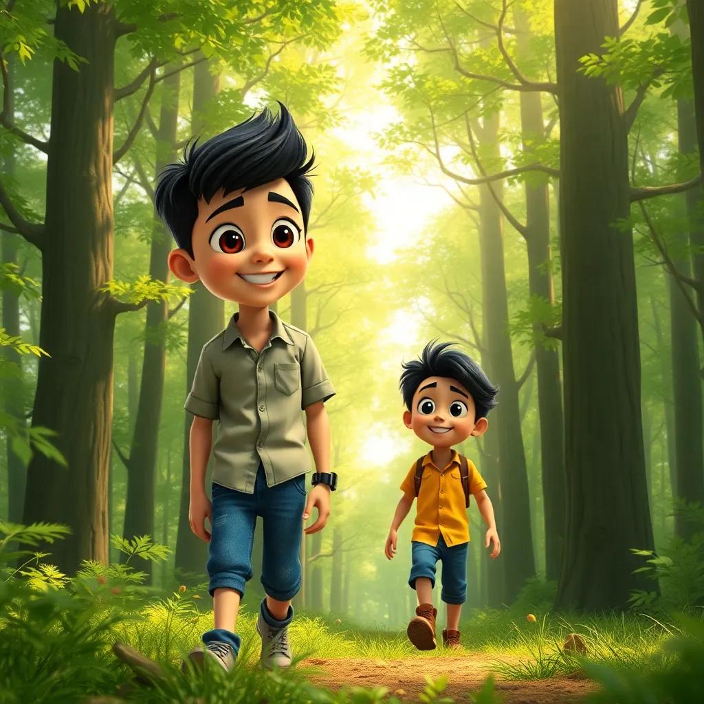 Tuba and Salim, a young Arab boy with short black hair wearing a shirt and jeans, exploring a big green forest with tall trees, sunlight filtering through leaves, cheerful, adventure-themed, highly detailed