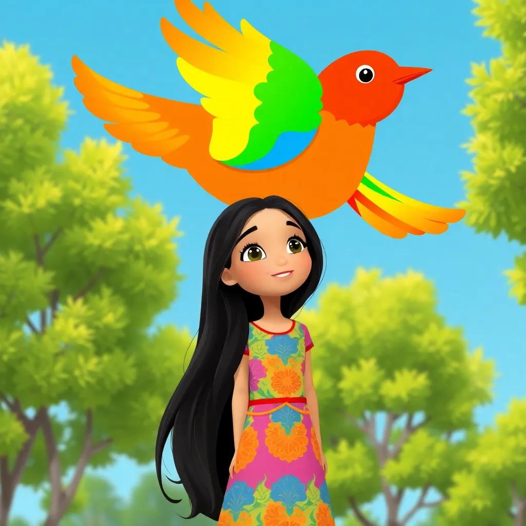 A colorful rainbow bird flying above Tuba, a young Arab girl with long dark hair in a colorful dress, surrounded by green trees, bright blue sky, illustration, cheerful, uplifting, child-friendly
