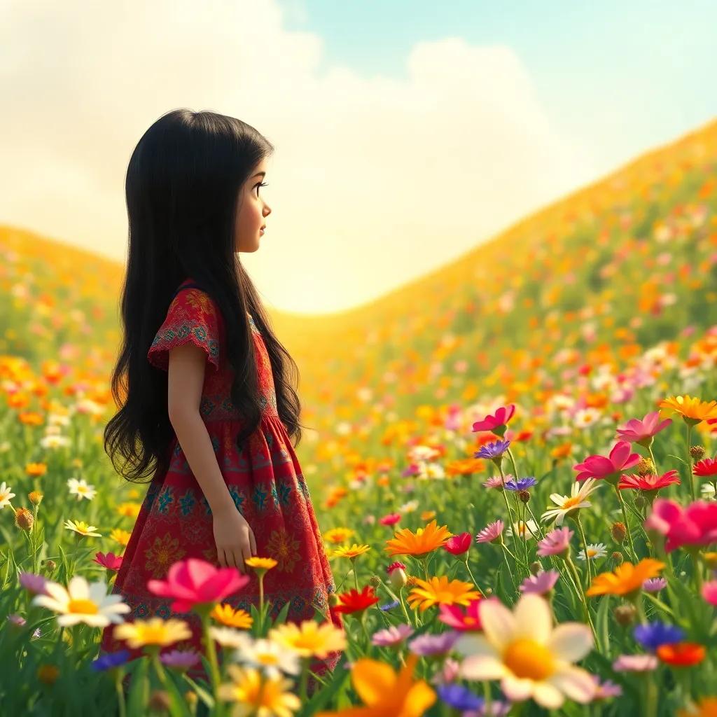 Tuba, a young Arab girl with long dark hair in a colorful dress, discovering a beautiful field filled with various flowers, sunny day, vibrant colors, warm light, storytelling view, fantasy