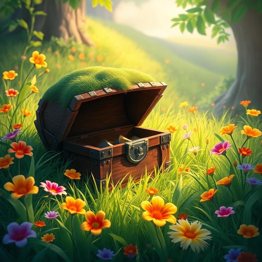 Tuba finding an old treasure chest hidden in the grass, with vibrant flowers around, colorful scene, magical atmosphere, detailed, inviting