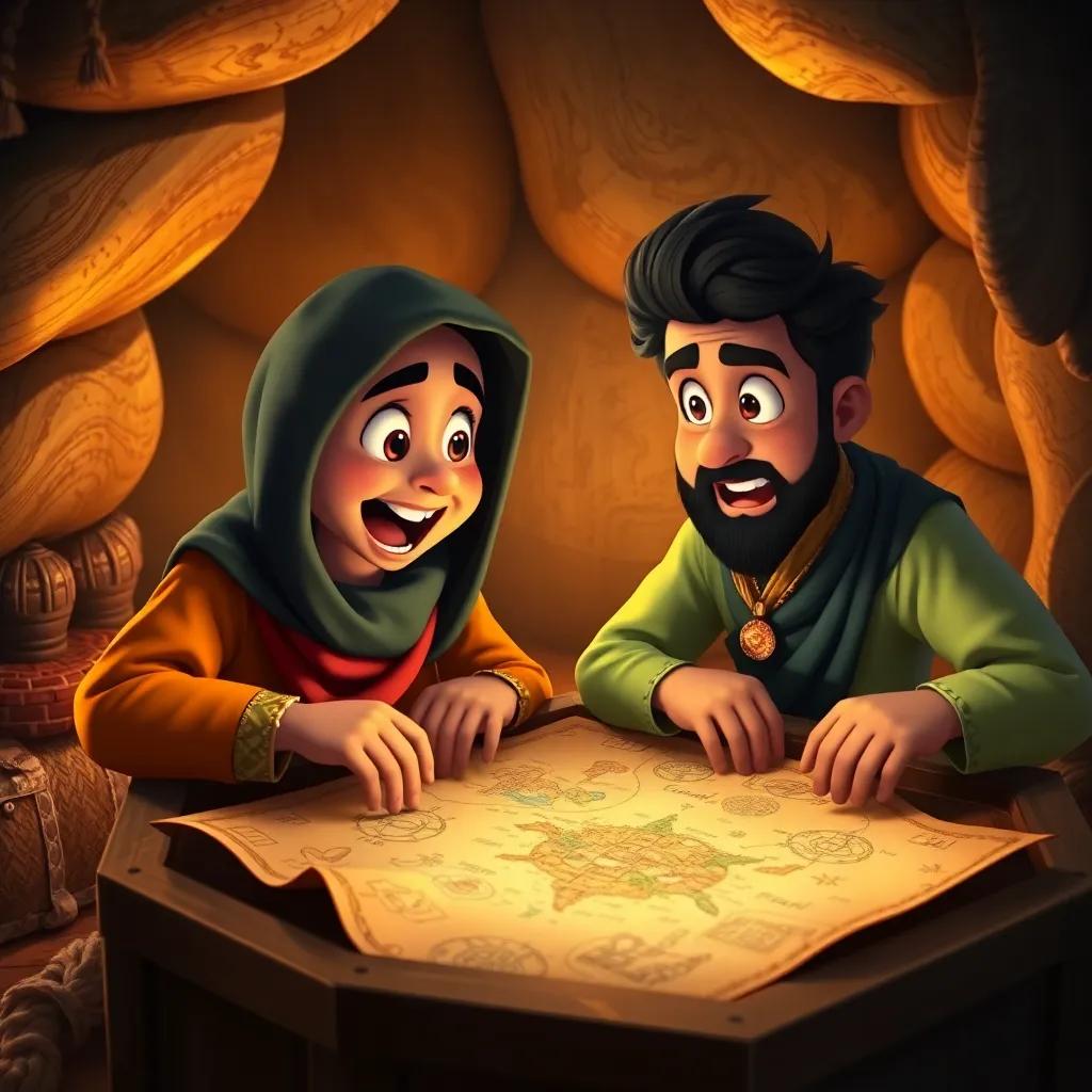 Tuba and Salim looking at an ancient map inside a treasure chest, excited expressions, colorful drawings on the map, warm light, cozy, storytelling environment