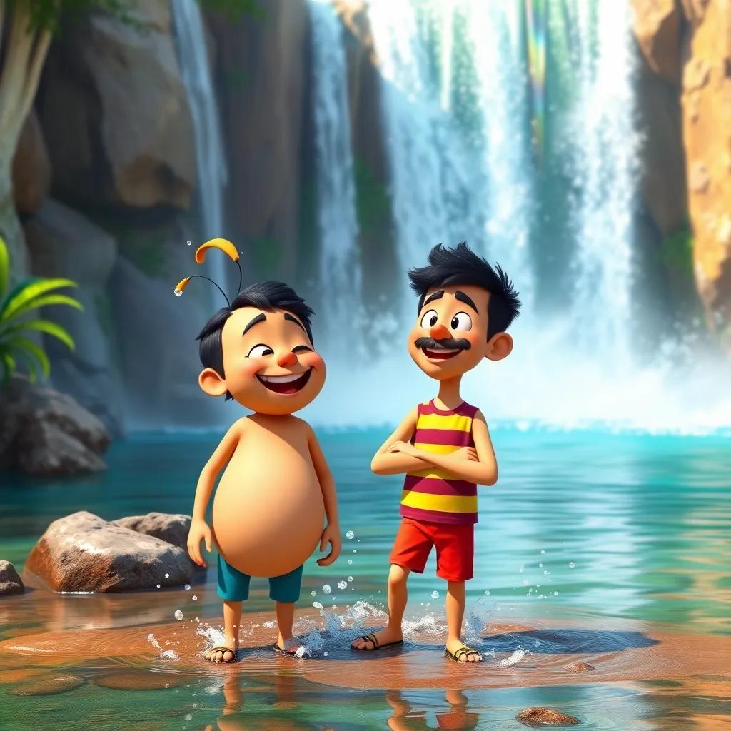 Tuba and Salim standing by a beautiful waterfall, splashing water on each other, bright colors, cheerful mood, adventure, high quality