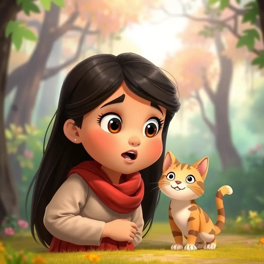 A young Arab girl, Tuba, with long dark hair, looking surprised, with a cute friendly cat approaching them, colorful forest background, child-friendly, joyful