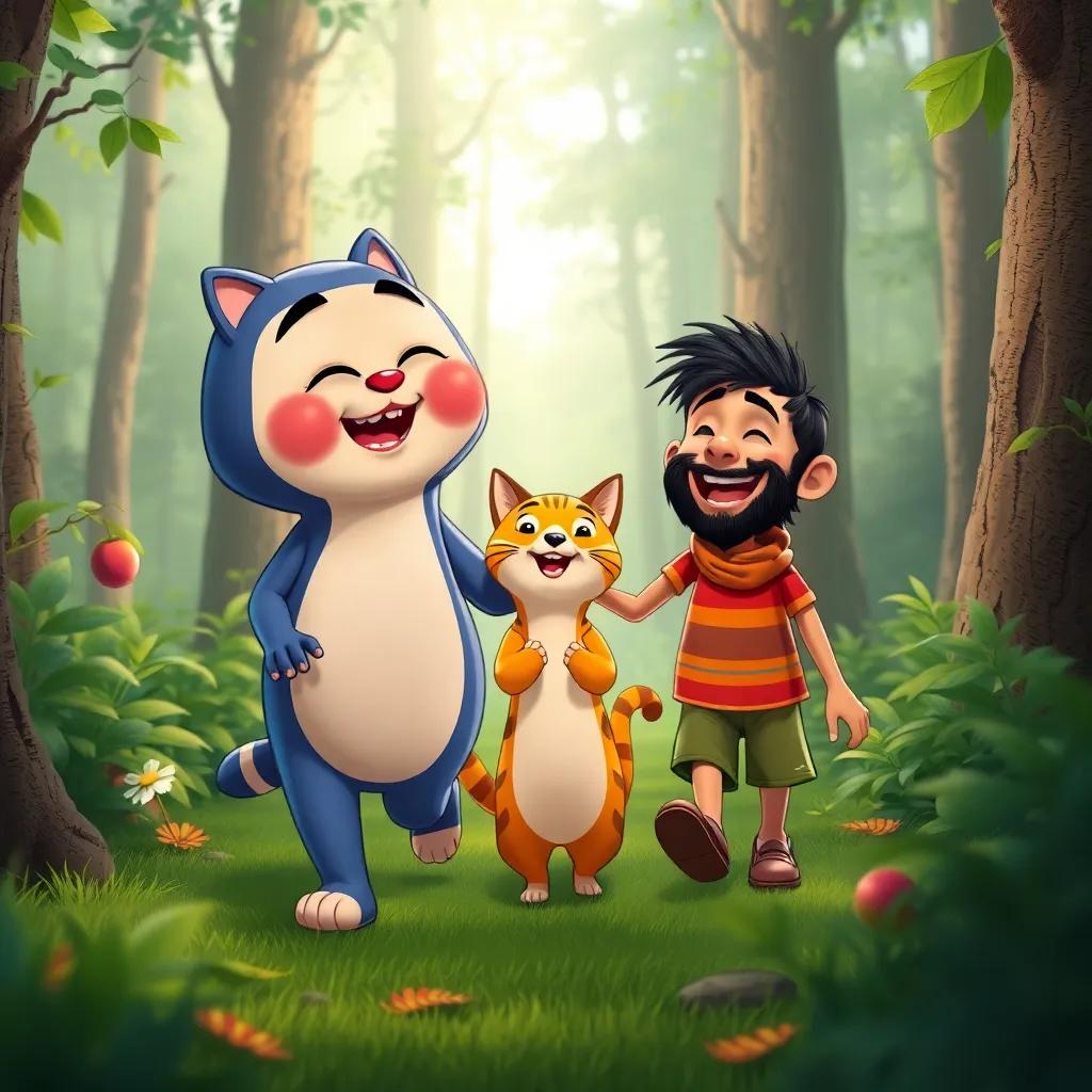 Tuba and Salim with the cat, walking through the forest, laughing and having fun, vibrant colors, playful atmosphere, detailed, friendly