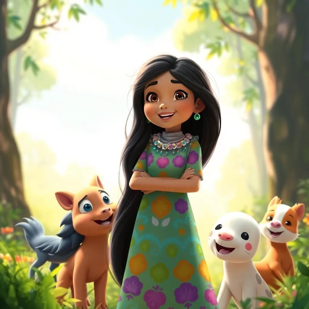 Tuba, a young Arab girl with long dark hair in a colorful dress, with her friends in the forest, sharing laughter and joy, bright colors, heartwarming, adventure