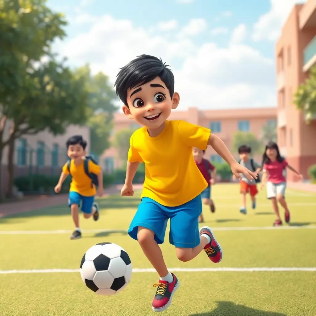 A young Arabic boy, Adel, with short black hair wearing a bright yellow shirt and blue shorts, playing soccer with friends on a school playground, sunny day, cheerful atmosphere, vibrant colors, high quality
