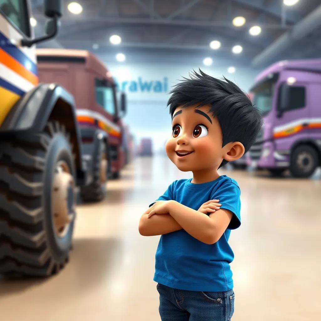 A curious young boy, Adel, with short black hair, wearing a blue t-shirt and jeans, looking excitedly at big trucks at the Kuwait Institute for Scientific Research, vibrant colors, cheerful atmosphere, digital art, high quality