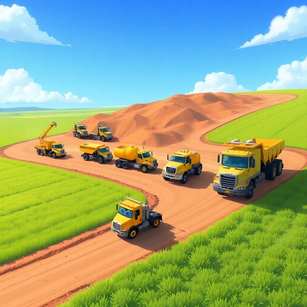 Trucks and machines working hard to flatten the land, surrounded by green fields and a bright blue sky, depicting a busy construction scene, detailed illustration, child-friendly