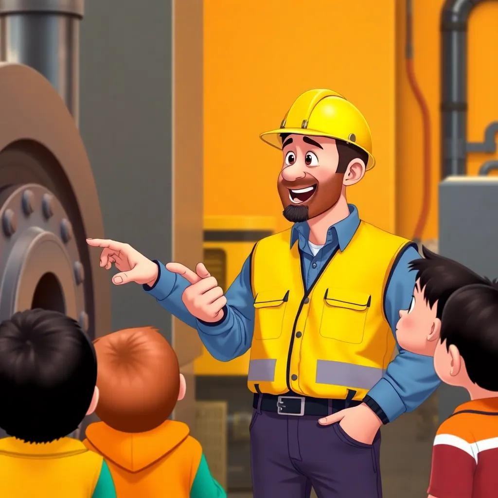 An engineer explaining the machinery to children, wearing a safety helmet and a yellow vest, smiling and pointing, friendly and inviting, warm colors, lively setting