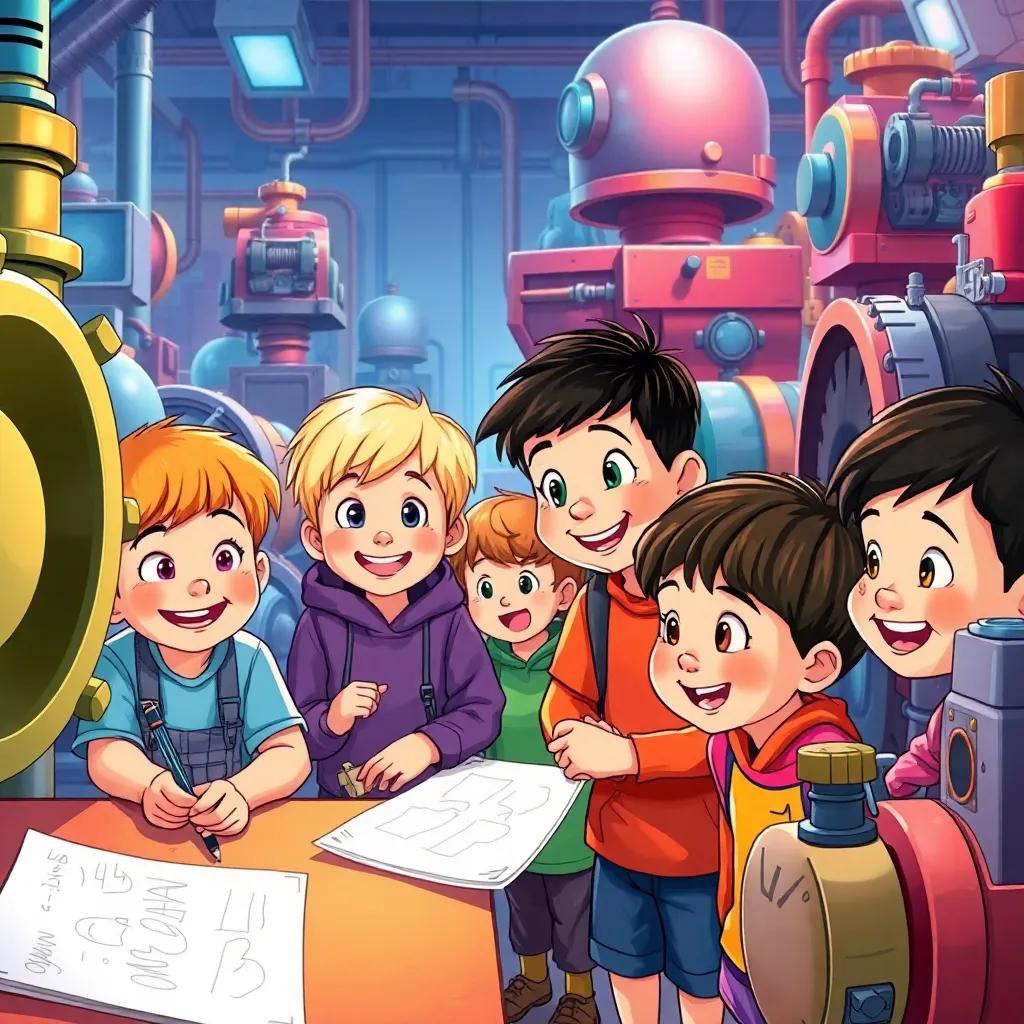 Children looking amazed at machines, some sketching on paper, colorful and engaging, surrounded by fascinating machinery, joyful expressions, digital illustration, high quality