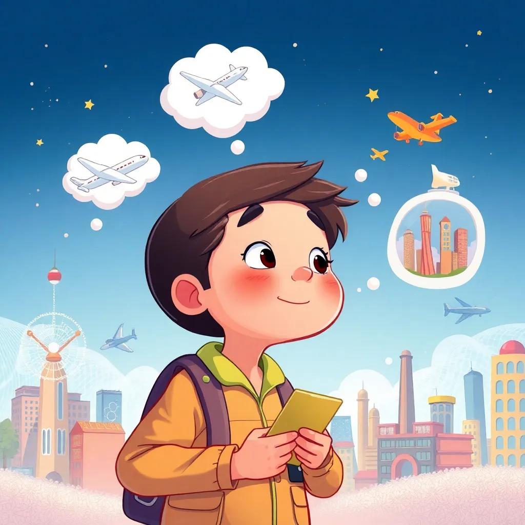 Adel dreaming of becoming an engineer, with thought bubbles showing airplanes and buildings, imaginative and colorful, creating a dream-like atmosphere, cheerful illustration