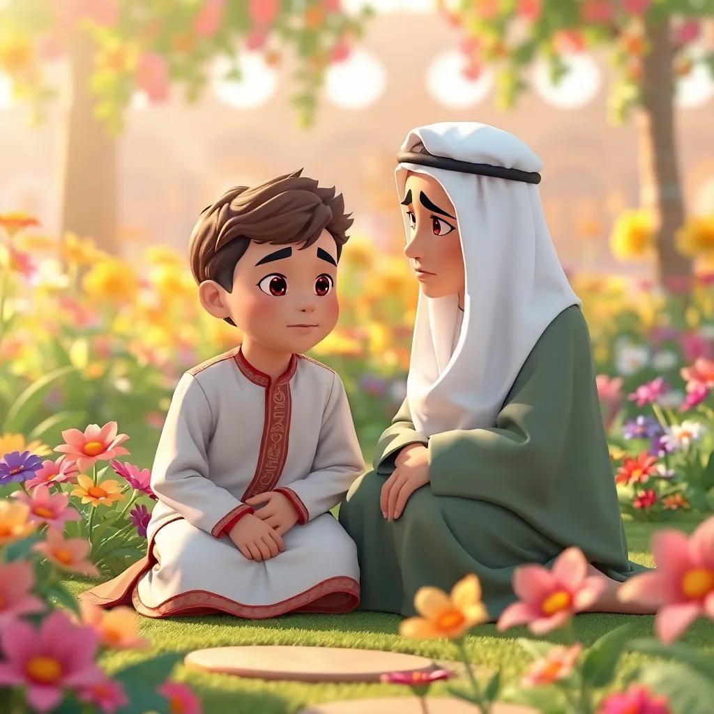 Adel, a young Omani boy in traditional dress, kneeling next to Sami, who looks sad, as they sit in a beautiful garden filled with colorful flowers, illustration, inviting, warm light