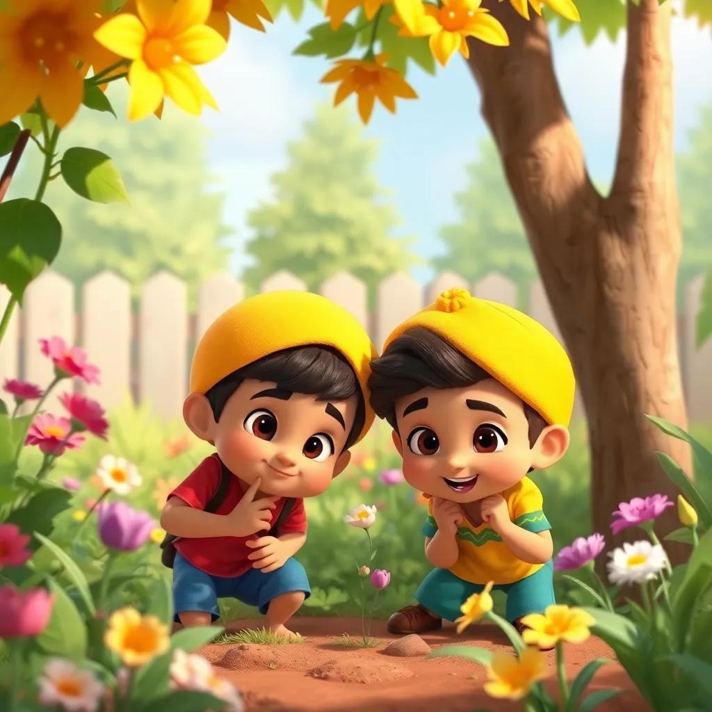 Adel and Sami searching together in the garden, looking under flowers and by trees, with determination on their faces, vibrant colors, playful setting