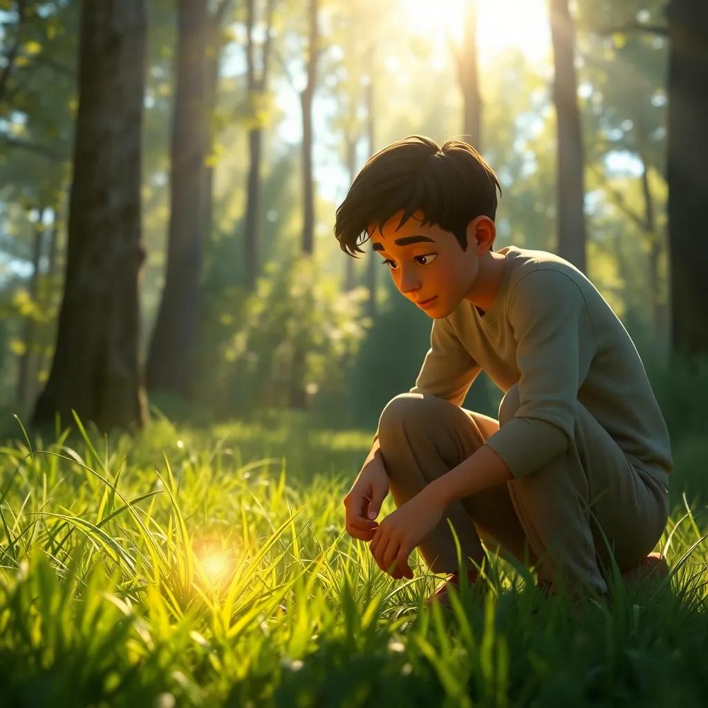 Adel spotted something shiny in the grass, bending down to check it out with Sami beside him, bright sunshine filtering through trees, magical vibe
