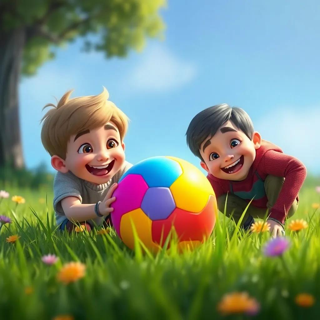 The boys excitedly discovering a colorful ball in the grass, Sami's eyes shining with happiness, colorful and joyful atmosphere, digital art